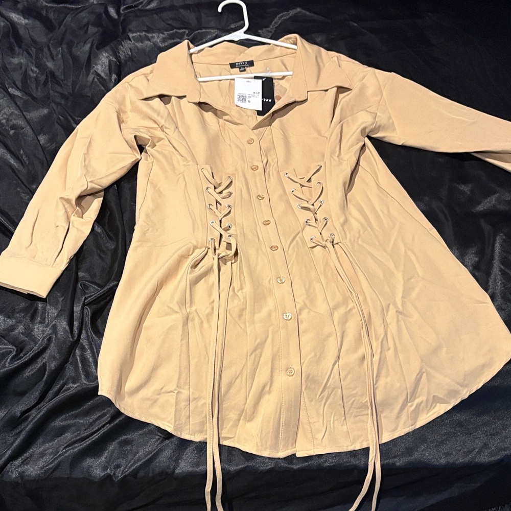 Forever 21 Beige Lace-Up Button Front Longline Shirt Dress